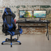 Flash Furniture BLN-X20D1904L-BL-GG Gaming Desk and Blue/Black Reclining Gaming Chair Set /Cup Holder/Headphone Hook/Removable Mouse Pad Top - Wire Management